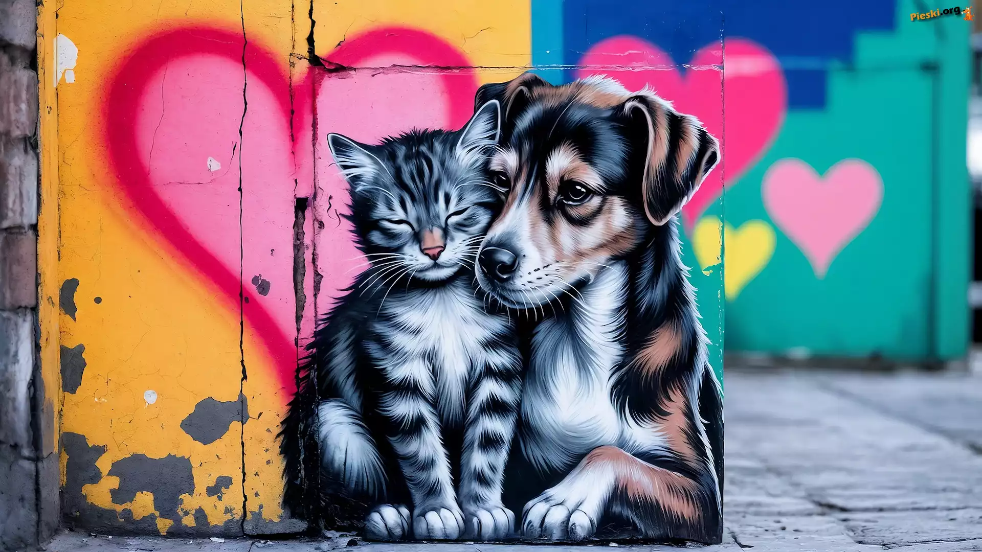AI, Kot, Pies, Grafika, Street Art, Serce, Mural
